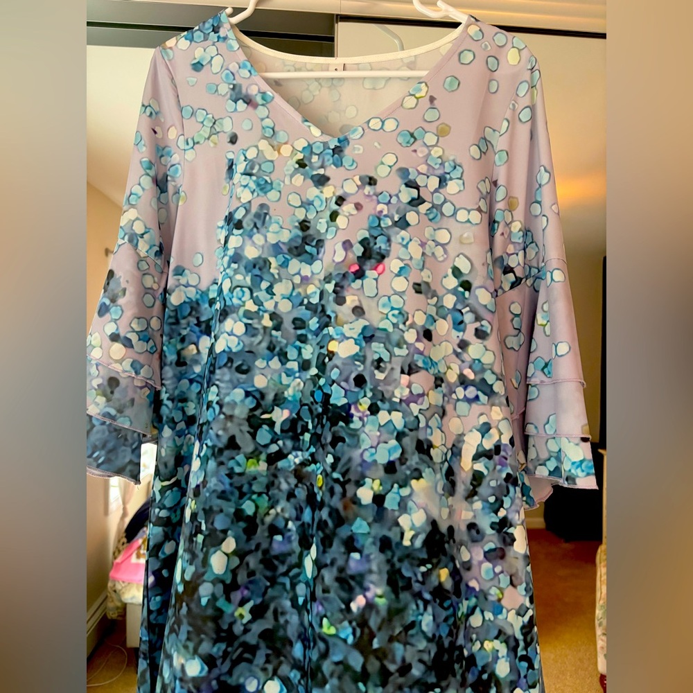 Fun, multi-colored funky, flowy dress with terrific sleeves